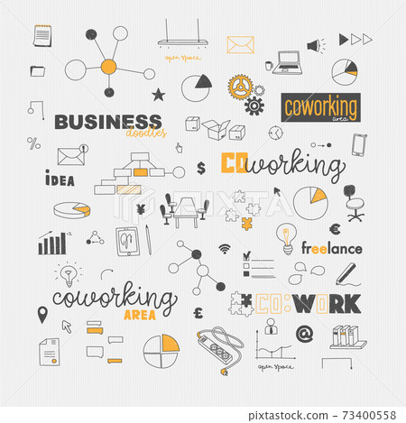 Vector elements of doodles concept of coworking, co-work and freelancing. Logo and icons. Hand drawing illustrations for web banner, design, booklets. Vector elements of doodles concept of coworking, co-work and freelancing. Logo and icons. Hand drawing illustrations for web banner, design, booklets. 73400558
