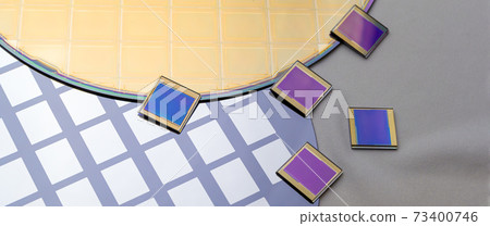 Several silicon wafers with printed circuit and separate microchips . 73400746