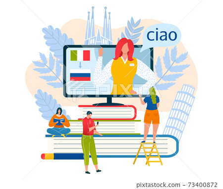 Woman teacher foreign language, tiny character learn online internet russian dialect flat vector illustration, isolated on white. 73400872