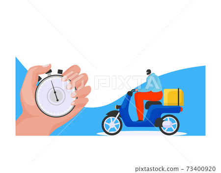 Fast delivery service, male hand hold pocket watch, postman character ride motorbike with post package flat vector illustration, isolated on white. Fast delivery service, male hand hold pocket watch, postman character ride motorbike with post package flat vector illustration, isolated on white. 73400920