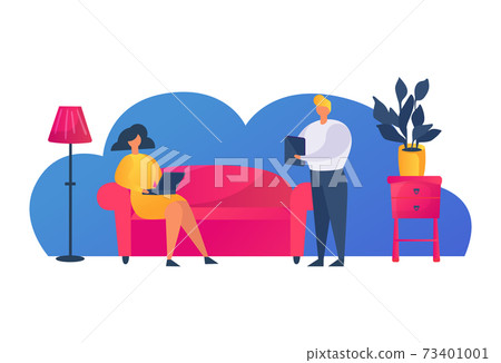 Woman character hold digital moden laptop, man use device tablet, people together communication flat vector illustration, isolated on white. Woman character hold digital moden laptop, man use device tablet, people together communication flat vector illustration, isolated on white. 73401001