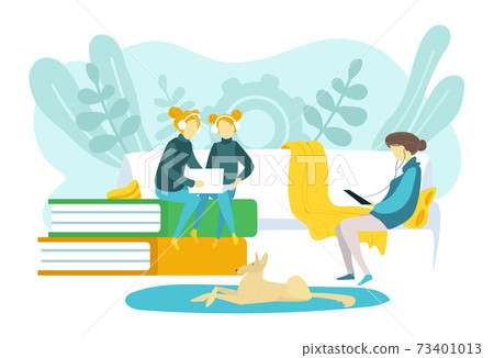 Cozy place for home rest, woman twins watch laptop and listen music, girl use gadget tablet flat vector illustration, isolated on white. 73401013
