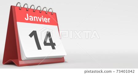 January 14 date written in French on the flip calendar page, 3d rendering January 14 date written in French on the flip calendar page, 3d rendering 73401042