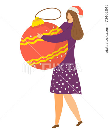 Cheerful happy woman character hold christmas glass ball toy, female in xmas hat cartoon vector illustration, isolated on white icon. Cheerful happy woman character hold christmas glass ball toy, female in xmas hat cartoon vector illustration, isolated on white icon. 73401043