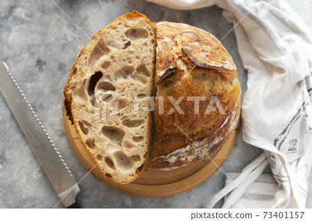 Sourdough bread slices, on a cutting board. Organic homemade bread. Sourdough bread slices, on a cutting board. Organic homemade bread. 73401157