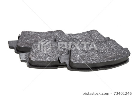 kit of brake pads car spare parts, vehicle brakes objects set isolated on white background view on asbestos alloy, nobody. 73401246