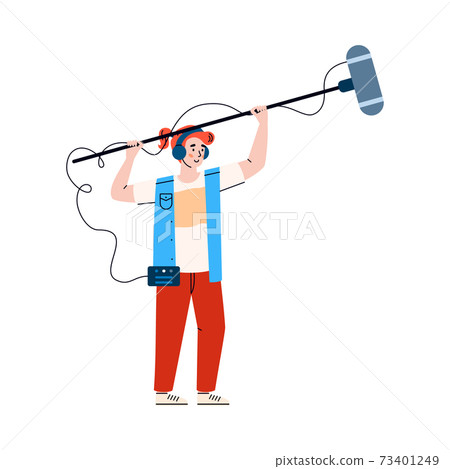 Sound movie technician records sound, cartoon vector illustration isolated. 73401249