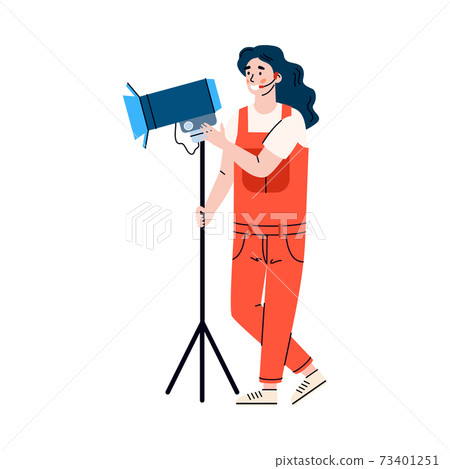 Woman lighting operator with spotlight, cartoon vector illustration isolated. Woman lighting operator with spotlight, cartoon vector illustration isolated. 73401251