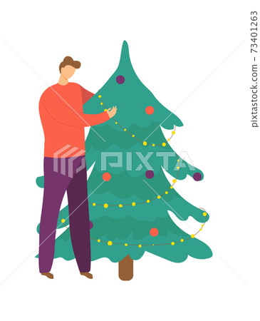 Cheerful male standing christmas tree, man celebrate new year, beautiful green pine sapling cartoon vector illustration, isolated on white. 73401263