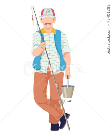 Male fishing hobby, character hold rod, man wear special fisherman costume cartoon vector illustration, isolated on white. Male fishing hobby, character hold rod, man wear special fisherman costume cartoon vector illustration, isolated on white. 73401289