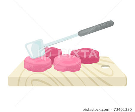 Wooden kitchen food board with organic meat stuff, hammer for beef, organic fresh mince slice flat vector illustration, icon isolated on white. Wooden kitchen food board with organic meat stuff, hammer for beef, organic fresh mince slice flat vector illustration, icon isolated on white. 73401380