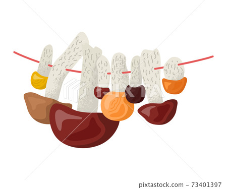 Concept dry forest mushroom on rope, collect fungal foodstuff from outdoor woodland place flat vector illustration, isolated on white. 73401397