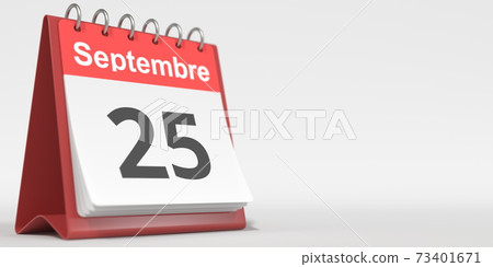 September 25 date written in French on the flip calendar page, 3d rendering 73401671