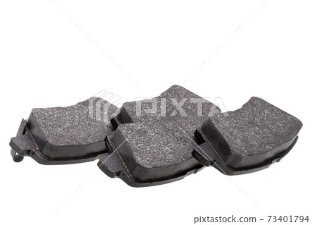 set of brake pads car spare parts, vehicle objects kit of brake shoes isolated on white background side view, nobody. 73401794