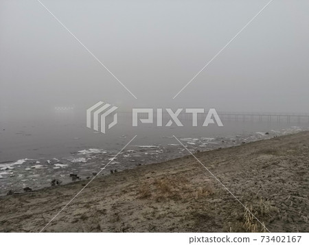 River bank on a foggy winter evening 73402167