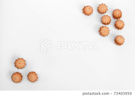 American cookies on white table. On a white background with space for text. Top view. flat lay.  73403950