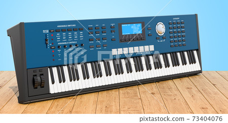 Synthesizer, digital piano on the wooden planks, 3D rendering Synthesizer, digital piano on the wooden planks, 3D rendering 73404076