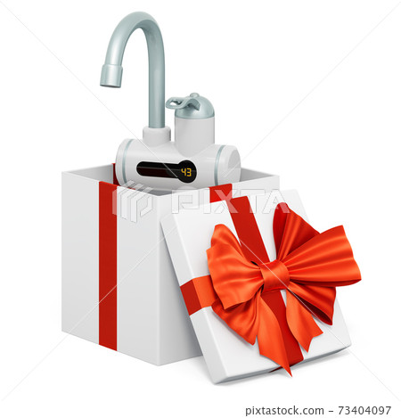 Instant electric hot water heater inside gift box, present concept. 3D rendering Instant electric hot water heater inside gift box, present concept. 3D rendering 73404097