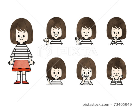女孩的面部套裝水彩 73405949