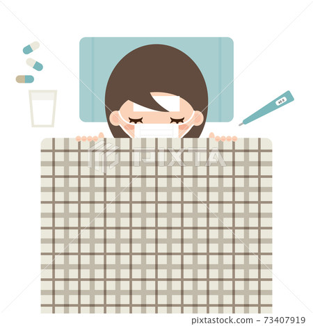 Illustration of a woman falling asleep with a high fever 73407919