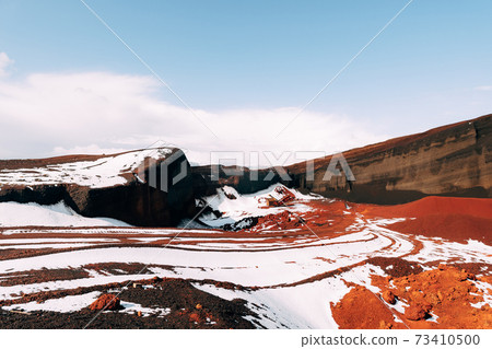 Martian landscapes in Iceland. The red crater of The Seydisholar volcano. The quarry of red soil mining. Martian landscapes in Iceland. The red crater of The Seydisholar volcano. The quarry of red soil mining. 73410500