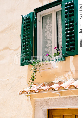 A window with open shutters in green and flowers on the windowsill by the white curtain above the door to the house. A window with open shutters in green and flowers on the windowsill by the white curtain above the door to the house. 73411101