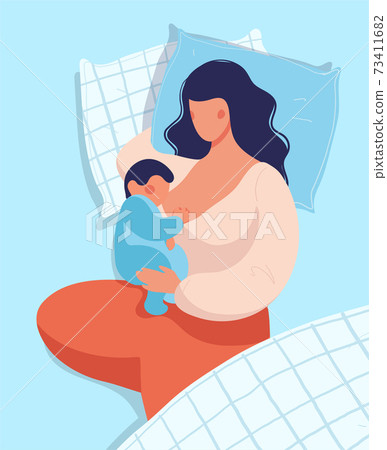 Woman breastfeeding a baby while lying in bed. Conceptual illustration of breastfeeding, safe sleeping with baby, motherhood, care and relaxation. Flat vector illustration. 73411682