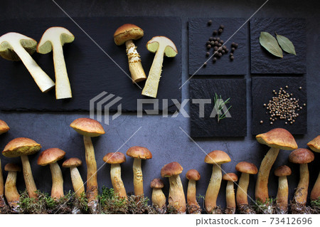 Aureoboletus projectellus mushrooms with spices on dark background. Menu concept. Flat lay. Close up. Copy space. 73412696