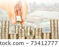 Exposure of Finance and Saving money banking concept,Hope of investor concept,Male hand putting money coin like stack growing business. background the city 73412777