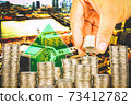 Exposure of Finance and Saving money banking concept,Hope of investor concept,Male hand putting money coin like stack growing business. background the city 73412782