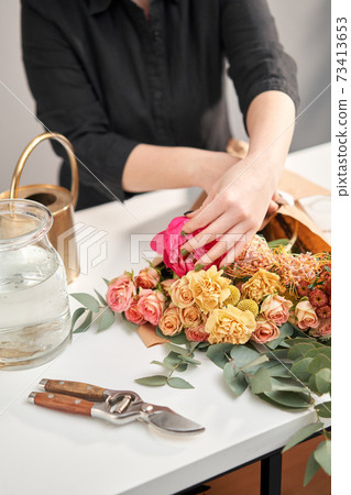 Bouquet 011, step by step installation of flowers in a vase. Flowers bunch, set for home. Fresh cut flowers for decoration home. European floral shop. Delivery fresh cut flower. 73413653