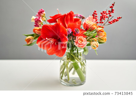 Bouquet 012. Finished flower arrangement in a vase for home. Flowers bunch, set for interior. Fresh cut flowers for decoration home. European floral shop. Delivery fresh cut flower. 73413845