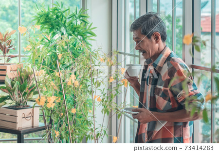 Senior Asian man is drinking coffee and relaxing alone in his houseplant room while in quarantine at home. Senior Asian man is drinking coffee and relaxing alone in his houseplant room while in quarantine at home. 73414283