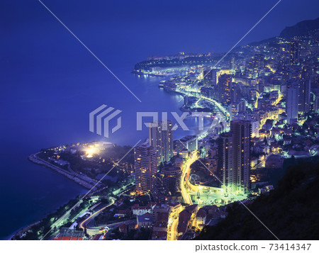 Monaco Monte Carlo night view and Mediterranean Sea 73414347