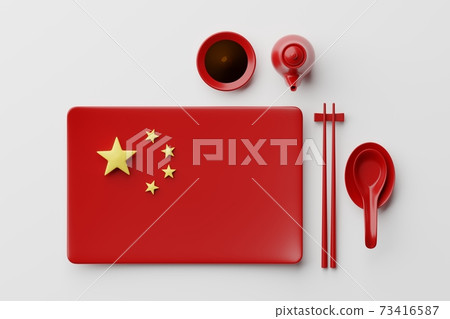 Tableware Chinese flag plate, chopstick, spoon, sauce cup and pot, 3D rendering red color, Chinese food crisis concept design on white background 73416587
