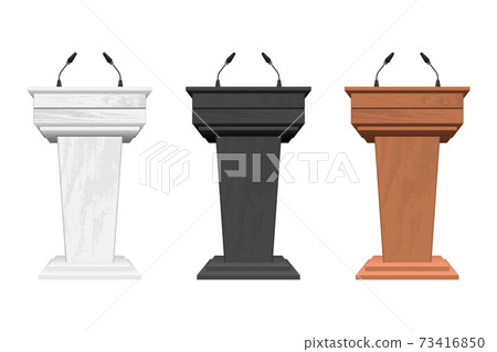 Wooden podium tribune with microphones vector illustration isolated on white 73416850