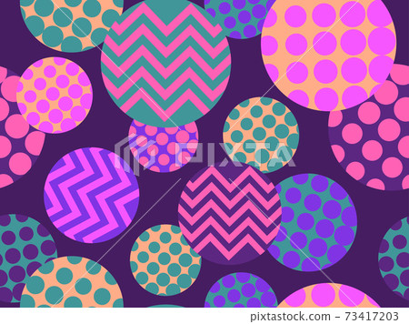 Circles with geometric pattern, seamless background in 80s style for wrapping paper, fabric and printing. Vector illustration 73417203