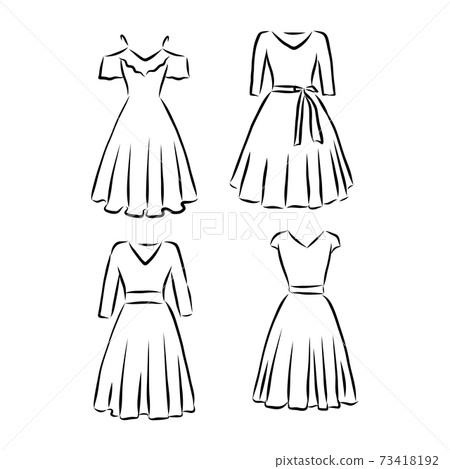 Hand drawn vector clothing set. of trendy dresses isolated on white. dress vector sketch illustration Hand drawn vector clothing set. of trendy dresses isolated on white. dress vector sketch illustration 73418192