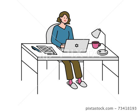 A woman teleworking on a computer A woman teleworking on a computer 73418193