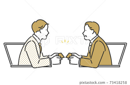 Image illustration material of a business person exchanging business cards with business partners online Image illustration material of a business person exchanging business cards with business partners online 73418258