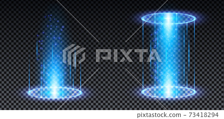 Blue hologram portal. Magic fantasy portal. Magic circle teleport podium with hologram effect. Vector blue glow rays with sparks on transparent background. Blue hologram portal. Magic fantasy portal. Magic circle teleport podium with hologram effect. Vector blue glow rays with sparks on transparent background. 73418294