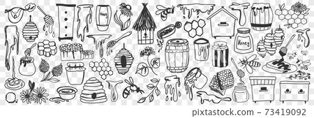 Beekeeping attributes and tools doodle set Beekeeping attributes and tools doodle set 73419092