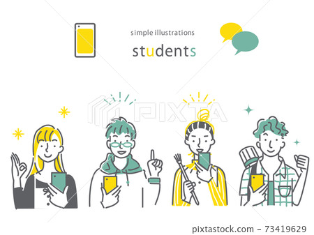 時尚和簡單的線條畫插圖集的各個學院的大學生使用智能手機微笑 73419629