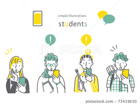 時尚和簡單的線條畫插圖集為使用智能手機的各個系的大學生設置 73419630