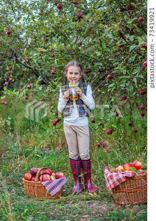 Portrait of a cute girl in a farm garden with a red apple. Portrait of a cute girl in a farm garden with a red apple. 73419921