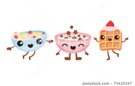 Smiling Kawaii Cereal with Milk and Gaufre with Face and Arms Vector Set Smiling Kawaii Cereal with Milk and Gaufre with Face and Arms Vector Set 73420347