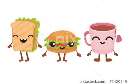 Smiling Kawaii Sandwich and Tea Cup with Face and Arms Vector Set Smiling Kawaii Sandwich and Tea Cup with Face and Arms Vector Set 73420349