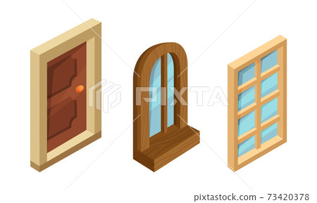 Isometric Door and Windows as Building and House Facade Elements Vector Set 73420378