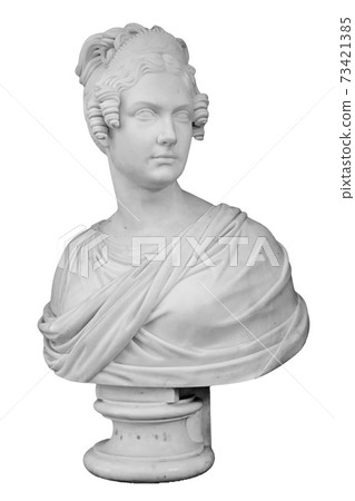 Gypsum copy of ancient statue woman head isolated on white background. Plaster sculpture woman face Gypsum copy of ancient statue woman head isolated on white background. Plaster sculpture woman face 73421385
