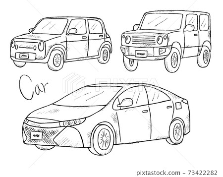 Black and white hand-drawn illustration image of vehicles and automobiles 73422282